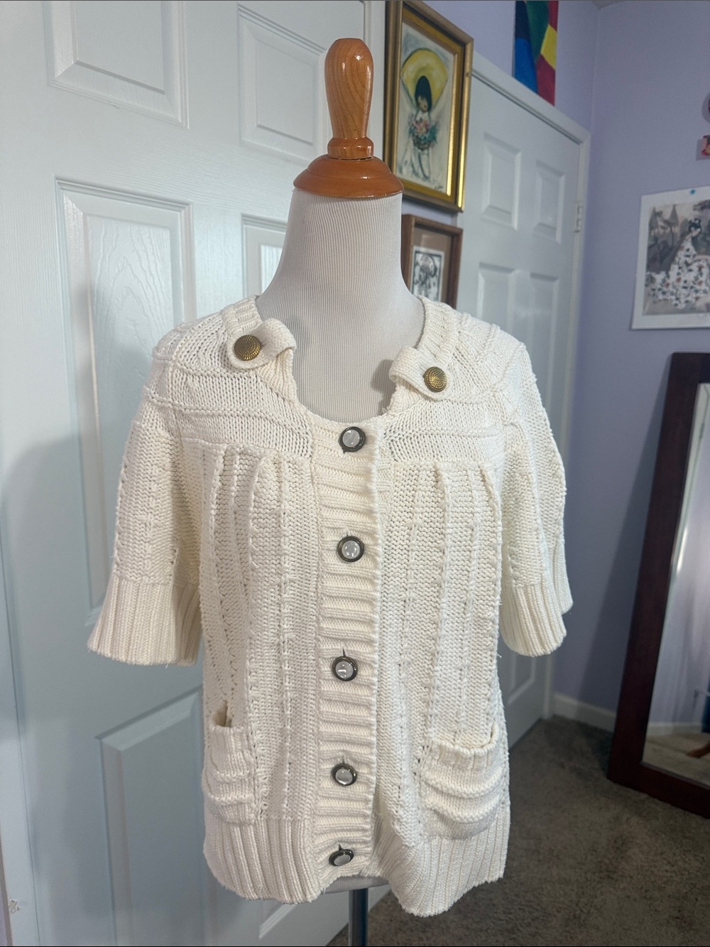 Vintage Charlotte Women Ivory Short-Sleeve Knit Cardigan Size XL